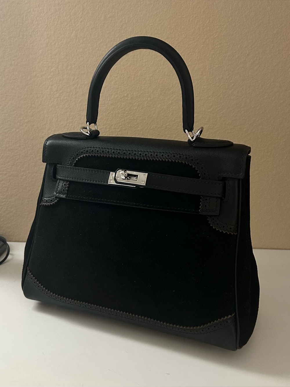 25cm Black Suede & Leather Lace Top-Handle Satchel